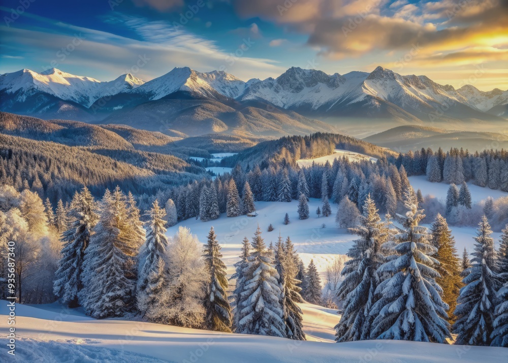 Snow-capped mountains tower above a serene winter landscape, where rolling hills and tranquil forests meet, enveloped in a blanket of peaceful, untouched snow. Snow-capped mountains tower above a serene winter landscape, where rolling hills and tranquil forests meet, enveloped in a blanket of peaceful, untouched snow.