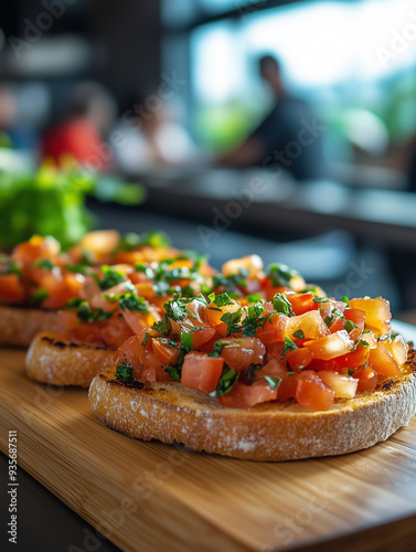 Freshly made bruschetta topped with diced tomatoes and herbs, served on toasted bread in a modern café setting photo