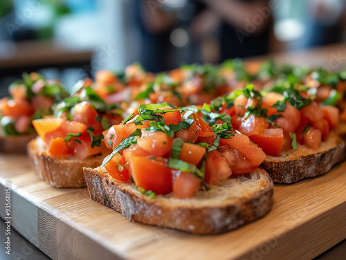 Fresh bruschetta topped with tomatoes and herbs served on crusty bread at a lively gathering photo