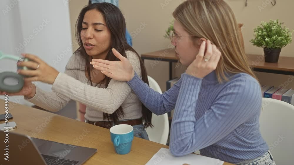 Two women in a heated conversation at home, one wearing headphones to ignore the other. Two women in a heated conversation at home, one wearing headphones to ignore the other.