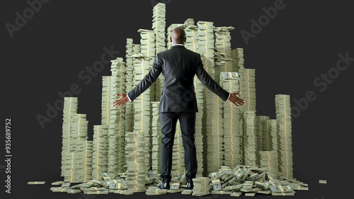 Rich African American businessman with opened arms standing facing huge pile stacks of US dollar notes Business man looking at alot of heaped bundles of money isolated on dark background photo