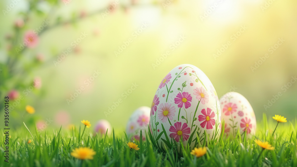 Beautiful easter eggs spring card with copy space