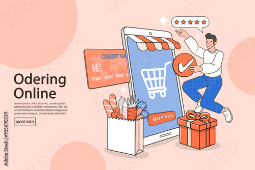 Online shopping. Ecommerce concept. Online delivery service concept. Fast delivery via mobile phone. Smartphone marketing and e-commerce. Vector 
