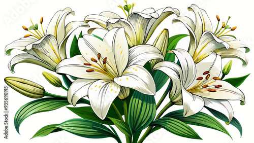 A stunning display of white lilies contrasted against a white background, showcasing the delicate petals and intricate details of this flowering plant .