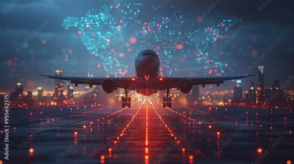 Airplane Landing on a Runway with Cityscape Background Airplane Landing on a Runway with Cityscape Background