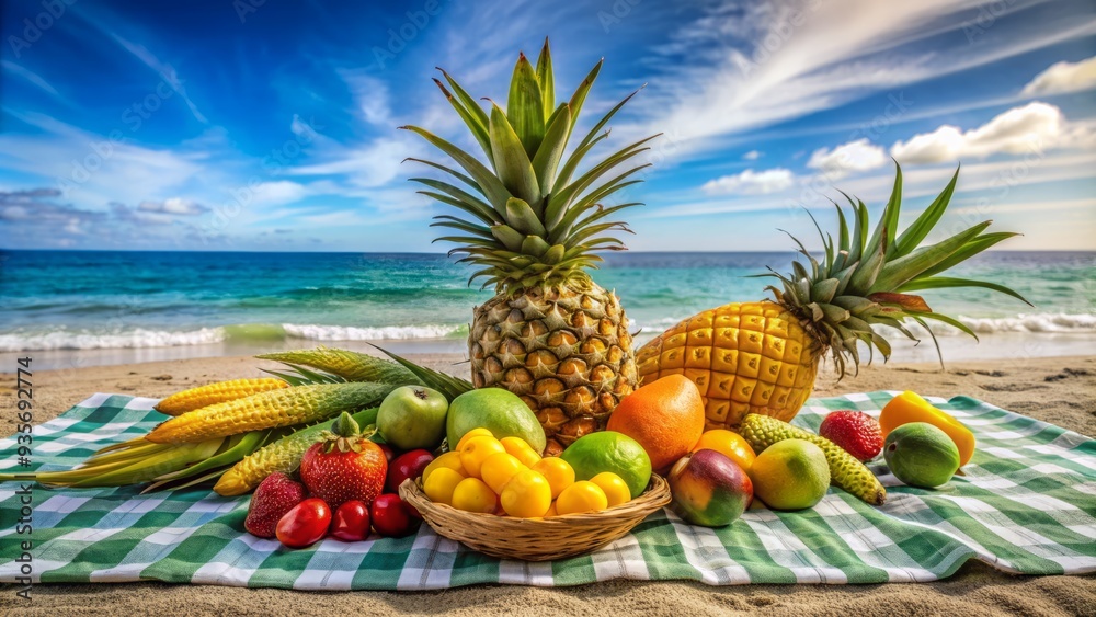 Vibrant arrangement of exotic fruits such as pineapple, mango, and kiwi on a colorful picnic blanket against a serene ocean beach scenery. Vibrant arrangement of exotic fruits such as pineapple, mango, and kiwi on a colorful picnic blanket against a serene ocean beach scenery.