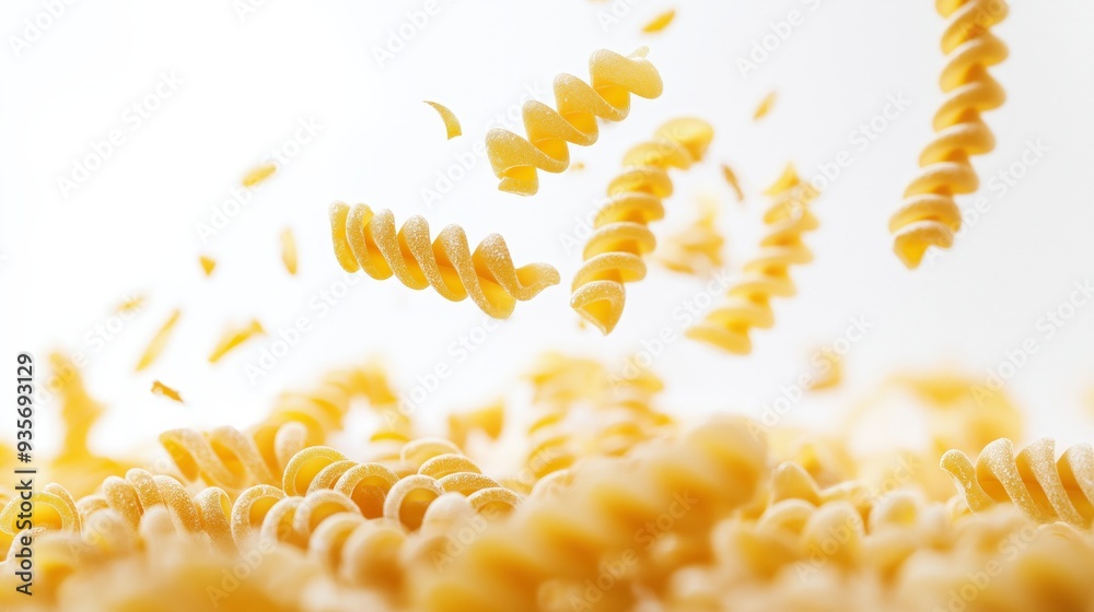 Close-up of uncooked spiral pasta falling over a pile of the same pasta against a white background. Close-up of uncooked spiral pasta falling over a pile of the same pasta against a white background.