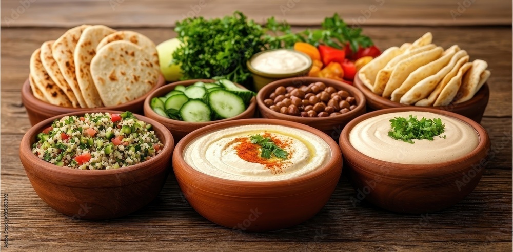 A vibrant display of fresh Mediterranean dishes, featuring hummus, tabbouleh, olives, and flatbreads, ideal for healthy dining. A vibrant display of fresh Mediterranean dishes, featuring hummus, tabbouleh, olives, and flatbreads, ideal for healthy dining.