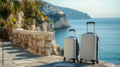 Coastal travel scene luxury luggage coastal Mediterranean holiday background suitcase adventure travel summer vacation copy space banner sunlit stone wall turquoise sea Italian Riviera getaway romanti photo