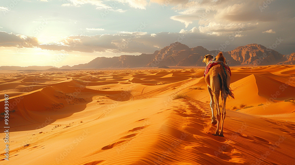 The scene captures a sandy, hot desert dune where a camel takes measured steps against an African landscape. Made with generative ai
The scene captures a sandy, hot desert dune where a camel takes measured steps against an African landscape. Made with generative ai