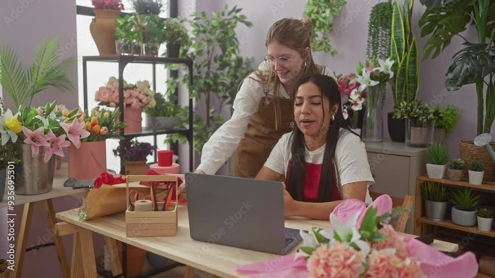 Two women bonding over a laptop in a cozy flower shop surrounded by vibrant flowers and plants. Two women bonding over a laptop in a cozy flower shop surrounded by vibrant flowers and plants.
