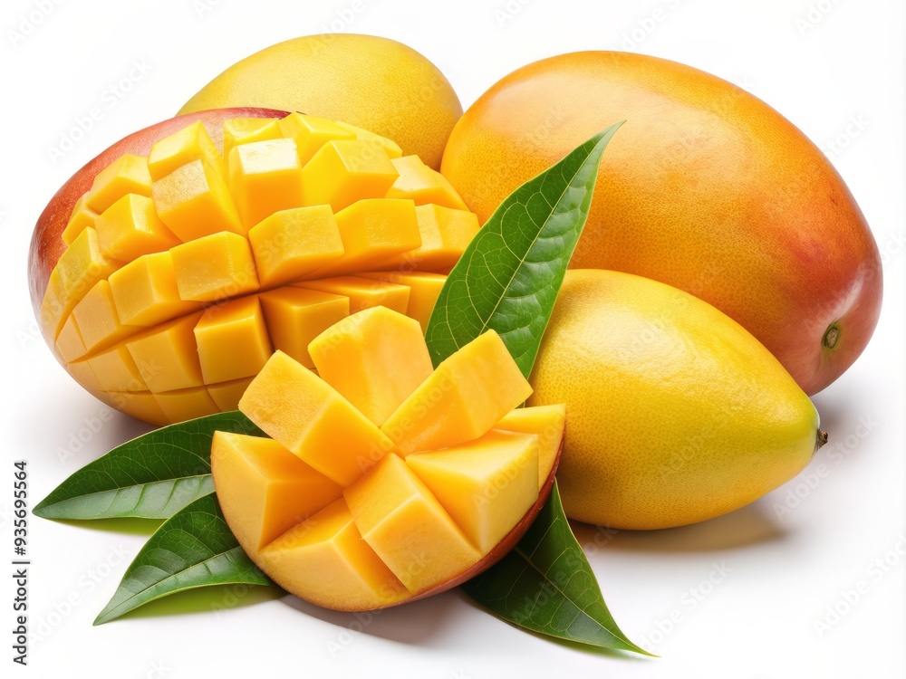 Vibrant yellow ripe mango with juicy slices cut out, arranged artistically on a white background, showcasing its creamy flesh and sweet aroma. Vibrant yellow ripe mango with juicy slices cut out, arranged artistically on a white background, showcasing its creamy flesh and sweet aroma.