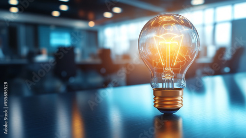 glowing lightbulb illuminates a blurred office meeting scene, symbolizing bright ideas, inspiration, and innovation in a professional setting