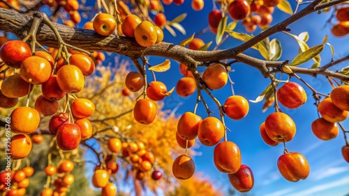 Vibrant orange jujube fruit hang from gnarled branches of ancient tree, set against a soft blue sky with subtle autumnal foliage in the background.