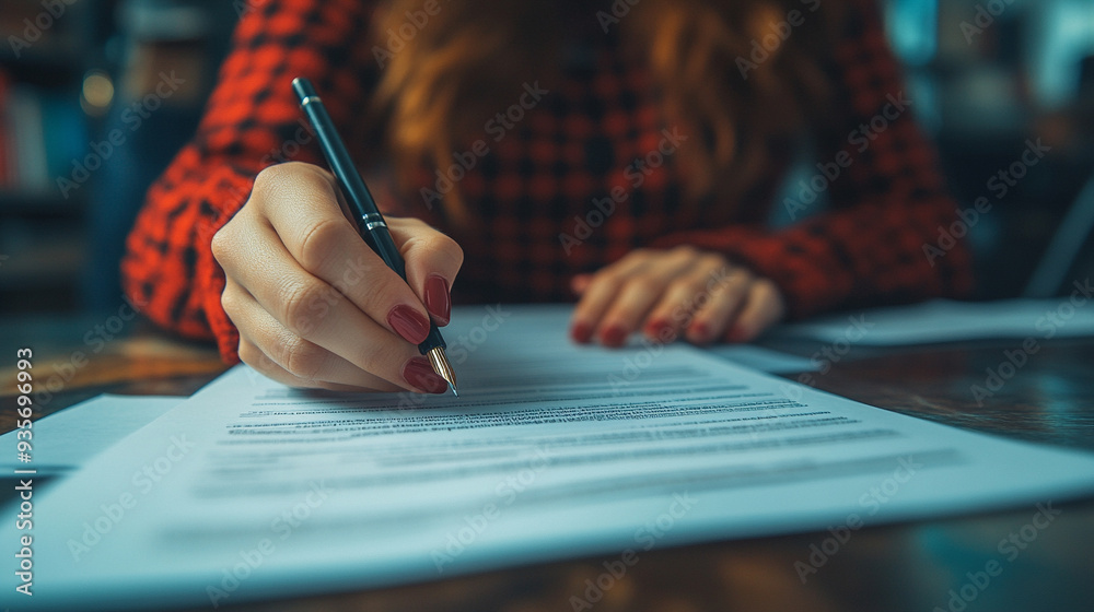 woman's hand gracefully holds a pen above a piece of paper with thoughtful writing, symbolizing creativity, planning, and personal expression in a serene and reflective setting woman's hand gracefully holds a pen above a piece of paper with thoughtful writing, symbolizing creativity, planning, and personal expression in a serene and reflective setting