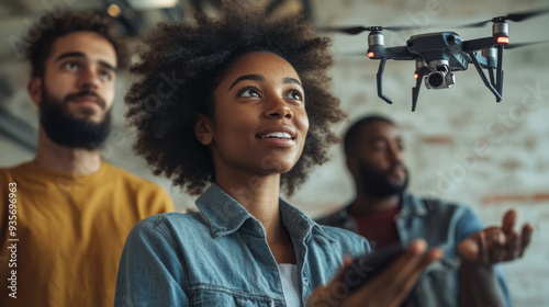 Diverse group of young adults flying a drone, engaged in high-tech hobby, drone technology enthusiasts, teamwork in modern indoor setting photo