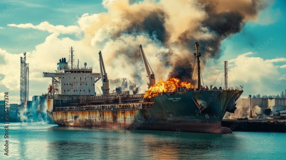 Large general cargo ship for logistic import export goods and other the explosion and had a lot of fire and smoke while moored at harbor in afternoon Large general cargo ship for logistic import export goods and other the explosion and had a lot of fire and smoke while moored at harbor in afternoon