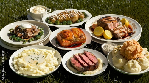 A Feast of Roasted Meats, Vegetables, and Potatoes on White Plates