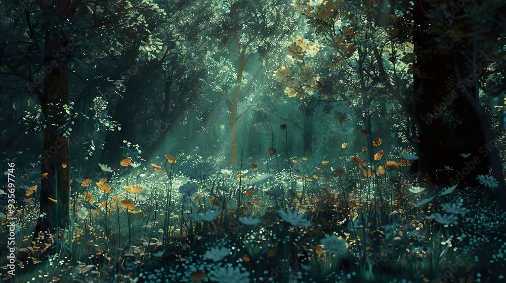 Enchanted Forest: Sunbeams Through Trees and Wildflowers