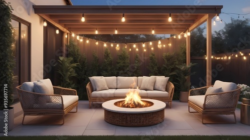  Outdoor patio interior mock-up with rattan furniture, a fire pit, and string lights, 3D render.
