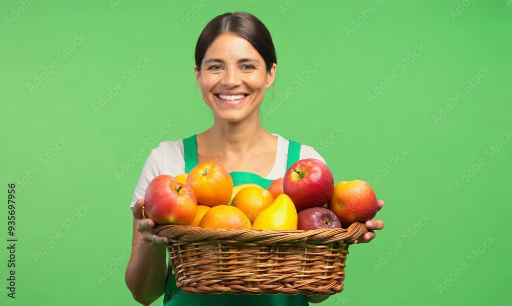 Chroma Green Screen Medium Portrait of Health Food Store Employee with Organic Fruits Chroma Green Screen Medium Portrait of Health Food Store Employee with Organic Fruits