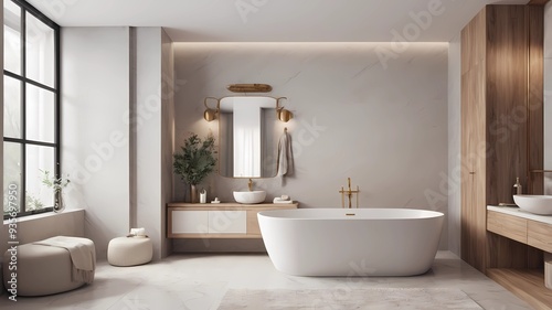  Bathroom interior mock-up with a freestanding bathtub, double vanity, and large mirror, 3D render.