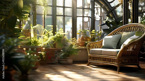 A lounge with many plants and greenery and a  sven grass green sofa