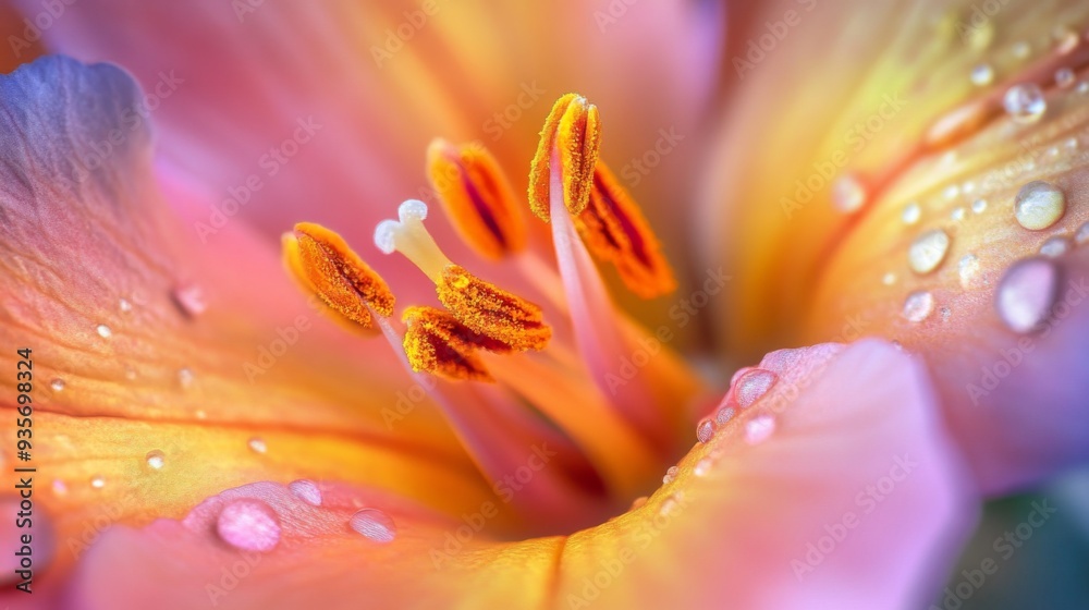 Fototapeta premium Macro shot of delicate petals and stamens of a blooming flower, highlighting the fine textures and vivid hues