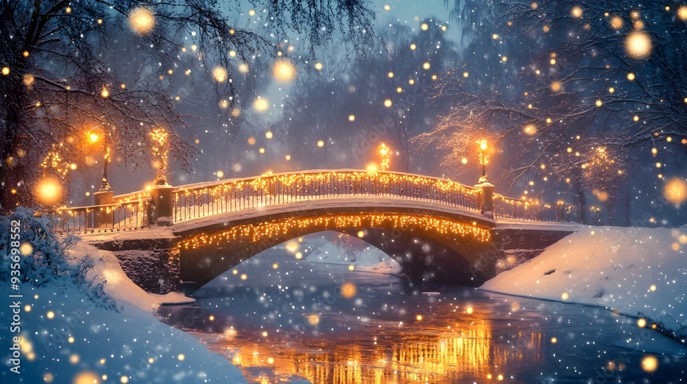 Fototapeta premium 97. A picturesque winter holiday scene with a snow-covered bridge and twinkling lights