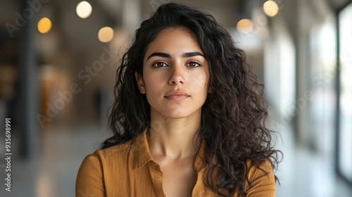 Young woman with dark curly hair looking at the camera in a blurred background.