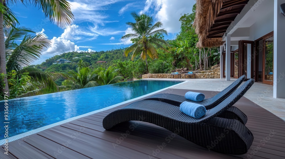 Fototapeta premium Recycled plastic outdoor lounger, poolside with tropical backdrop