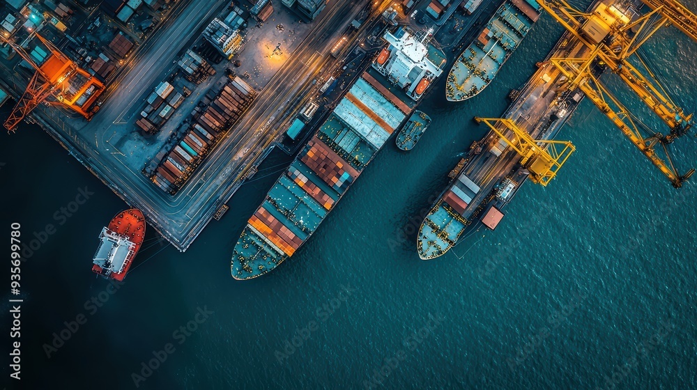 Obraz premium Aerial view of busy shipping port with cargo ships and cranes, showcasing vibrant colors and organized chaos. scene conveys sense of industry and activity. 