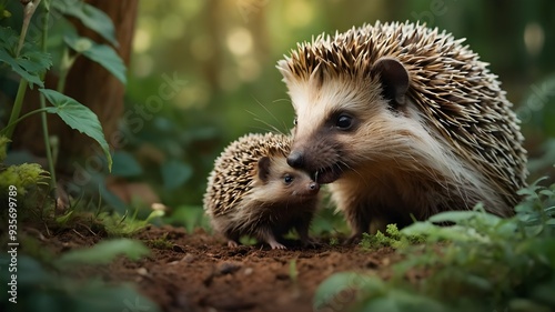 A whimsical watercolour illustration of a hedgehog and his playful cub, surrounded by a lush forest of vibrant greens and warm earth tones.