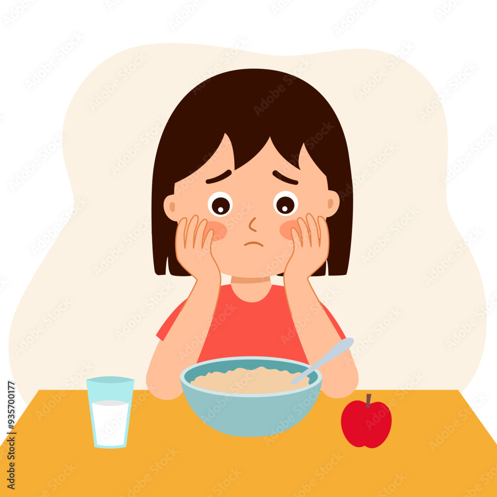 Girl child feel not hungry concept vector illustration on white background. Kids unable to eat. No appetite. Child dislike breakfast. Girl child feel not hungry concept vector illustration on white background. Kids unable to eat. No appetite. Child dislike breakfast.