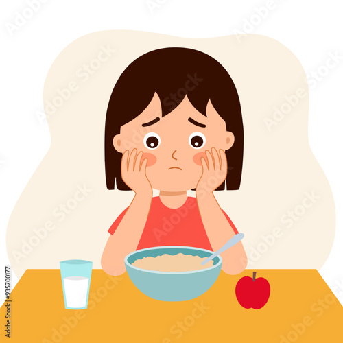 Girl child feel not hungry concept vector illustration on white background. Kids unable to eat. No appetite. Child dislike breakfast.