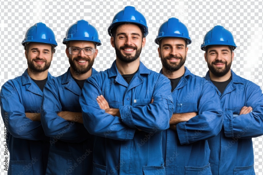 Group of smiling construction workers in blue uniforms Group of smiling construction workers in blue uniforms