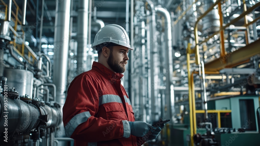 A worker in red safety jacket and helmet stands thoughtfully in an industrial setting, surrounded by pipes and machinery, conveying sense of focus and responsibility. A worker in red safety jacket and helmet stands thoughtfully in an industrial setting, surrounded by pipes and machinery, conveying sense of focus and responsibility.