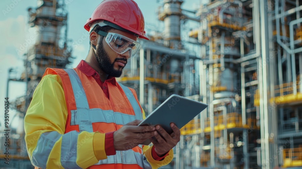 A construction worker in safety gear is focused on tablet, showcasing determination and professionalism in an industrial setting. 