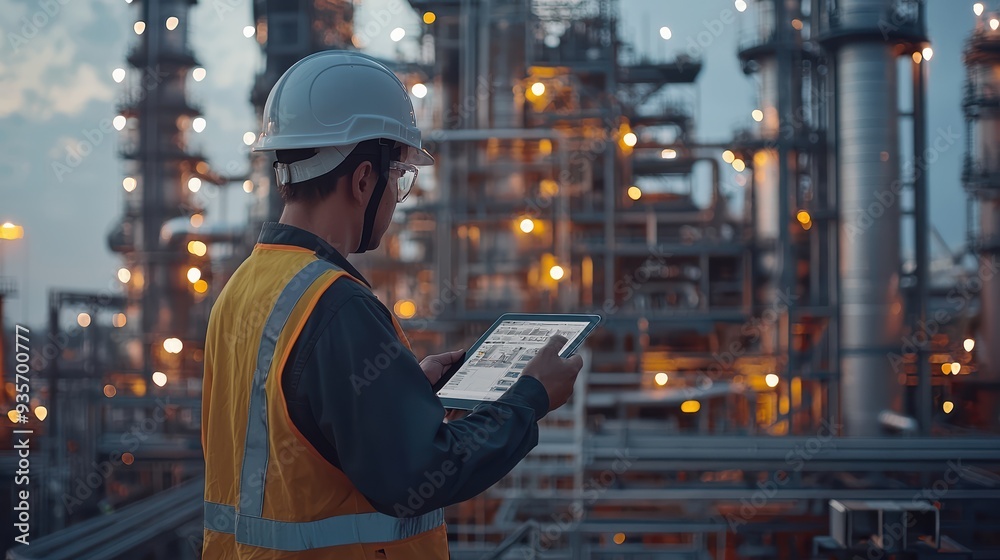 A worker in safety helmet and vest is focused on tablet, surrounded by industrial machinery and glowing lights, conveying sense of diligence and responsibility. A worker in safety helmet and vest is focused on tablet, surrounded by industrial machinery and glowing lights, conveying sense of diligence and responsibility.