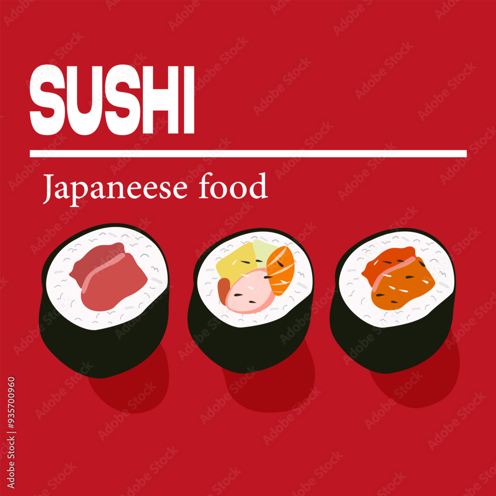 Modern poster templates for Asian food restaurant on a red background. Sushi bar and asian restaurant. Sushi Japan Food. Traditional food. Typography Modern poster templates for Asian food restaurant on a red background. Sushi bar and asian restaurant. Sushi Japan Food. Traditional food. Typography
