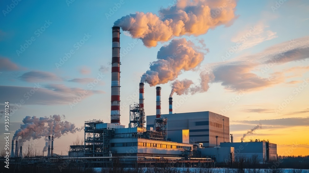 Industrial power plant emitting smoke at sunset, showcasing blend of technology and nature. scene evokes sense of energy production and environmental impact. Industrial power plant emitting smoke at sunset, showcasing blend of technology and nature. scene evokes sense of energy production and environmental impact.