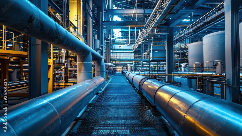 Industrial pipes and machinery create complex, modern environment. scene conveys sense of scale and functionality, highlighting intricate design of facility. Industrial pipes and machinery create complex, modern environment. scene conveys sense of scale and functionality, highlighting intricate design of facility.