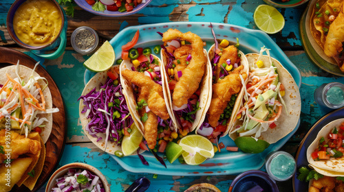 Baja-style fish tacos with beer-battered fillets, cabbage slaw, avocado crema, and pico de gallo
