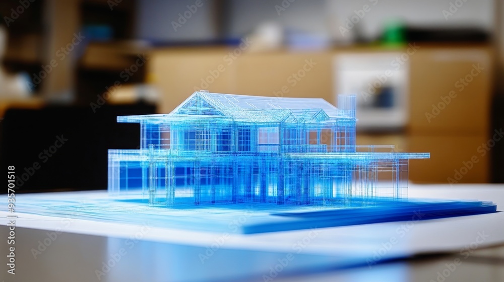 A clear plastic model of a two-story house sits on blueprints, representing architectural design and construction. A clear plastic model of a two-story house sits on blueprints, representing architectural design and construction.