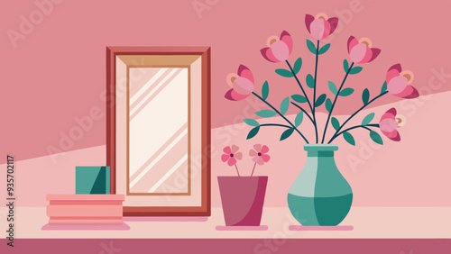 A vase with pink flowers is placed next to a pink picture frame on a pink wall, creating a harmonious and elegant display of colors