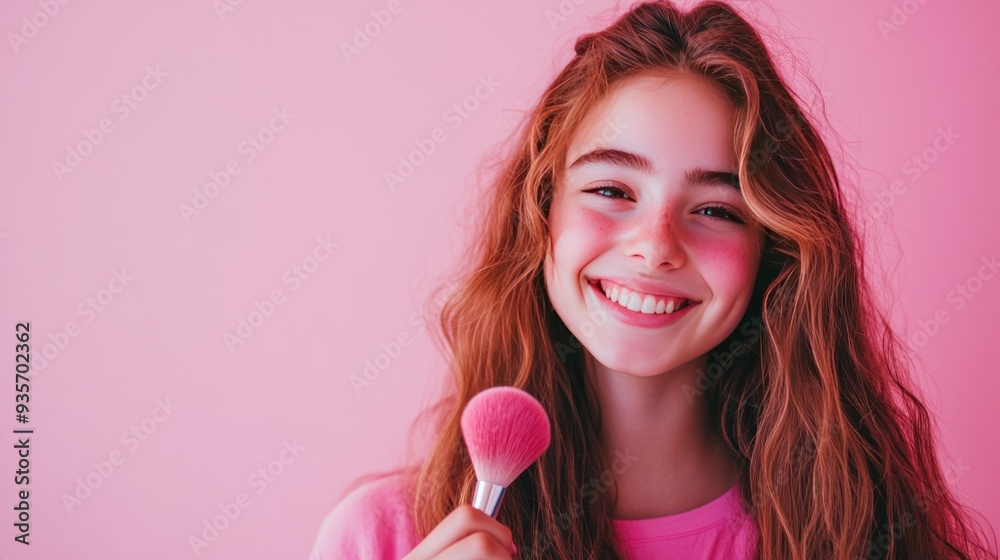 Young woman with pink blush and a makeup brush, smiling against a pink background. Young woman with pink blush and a makeup brush, smiling against a pink background.