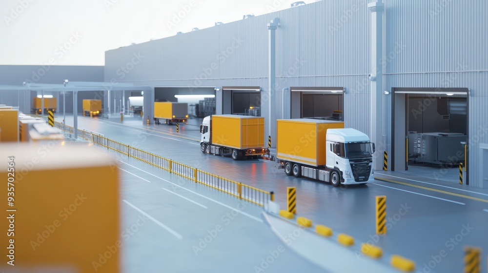 A busy logistics center with trucks loading and unloading yellow cargo containers, showcasing efficient transportation and warehouse operations. A busy logistics center with trucks loading and unloading yellow cargo containers, showcasing efficient transportation and warehouse operations.