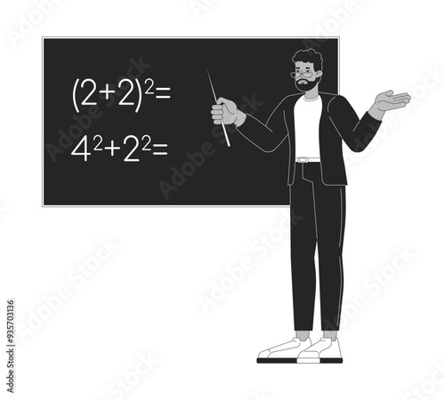 African american male math teacher black and white 2D line cartoon character. Black man mathematician blackboard isolated vector outline person. Mathematics professor monochromatic spot illustration