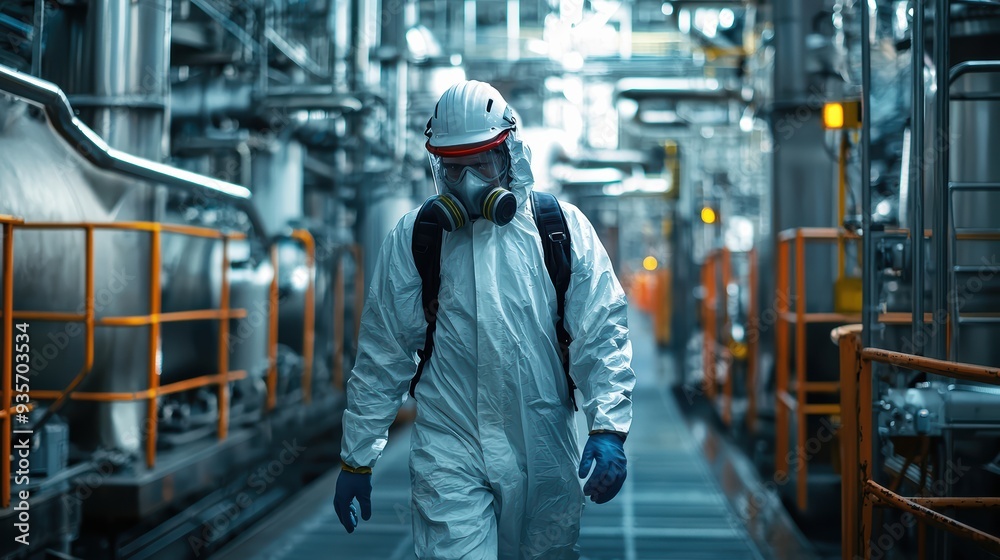 A worker in protective suit walks through an industrial facility, showcasing determination and focus. A worker in protective suit walks through an industrial facility, showcasing determination and focus.