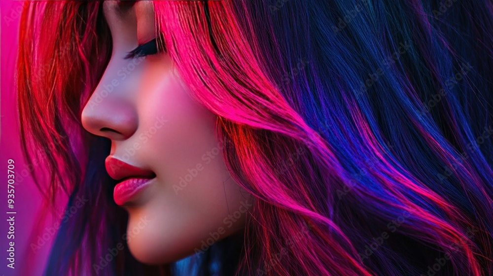 Close-up of a woman's face with pink and blue hair, looking down. Close-up of a woman's face with pink and blue hair, looking down.